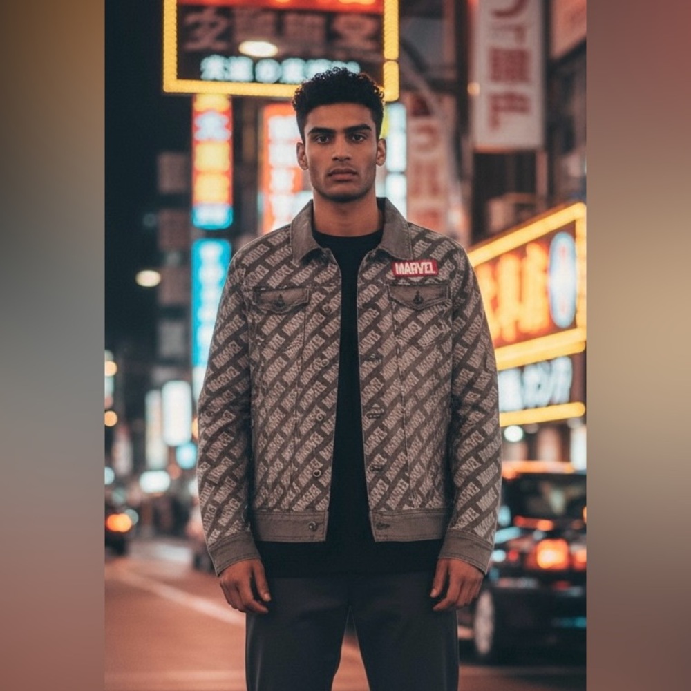 Marvel Logo Patterned Gray Shacket Jacket for Men‎ Medium